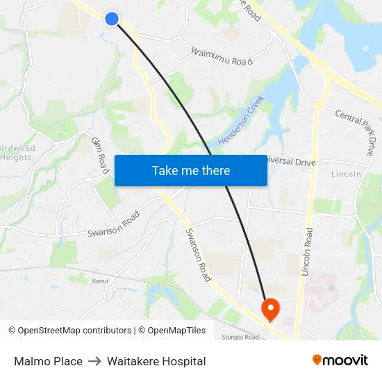 Malmo Place to Waitakere Hospital map