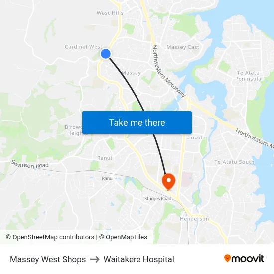 Massey West Shops to Waitakere Hospital map