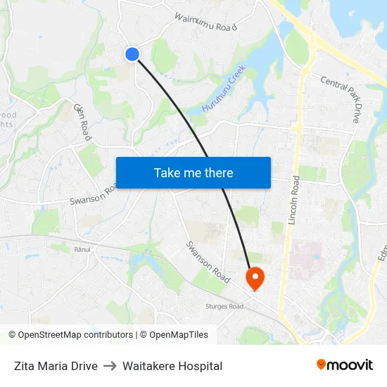 Zita Maria Drive to Waitakere Hospital map