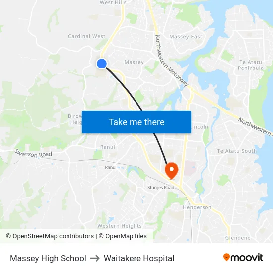 Massey High School to Waitakere Hospital map
