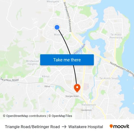Triangle Road/Bellringer Road to Waitakere Hospital map