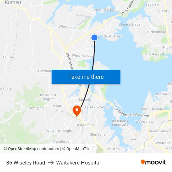86 Wiseley Road to Waitakere Hospital map