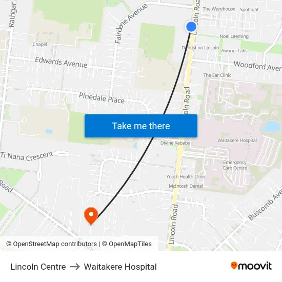 Lincoln Centre to Waitakere Hospital map