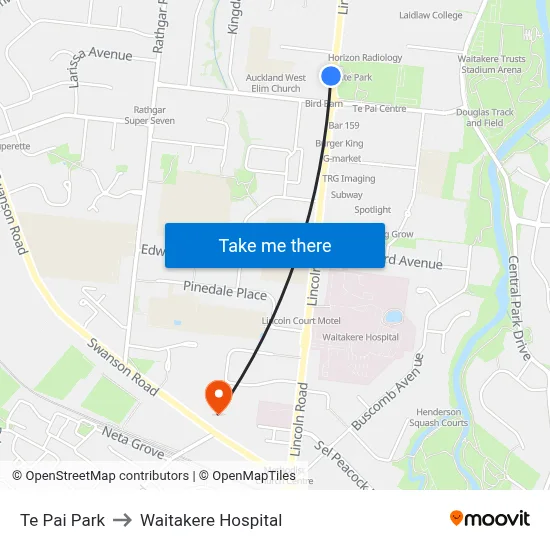 Te Pai Park to Waitakere Hospital map