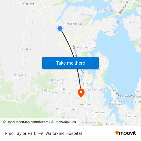 Fred Taylor Park to Waitakere Hospital map
