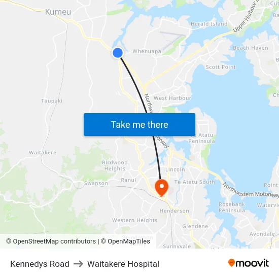 Kennedys Road to Waitakere Hospital map