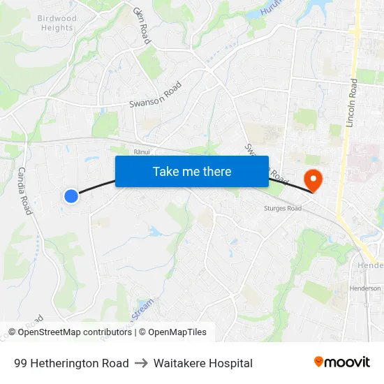 99 Hetherington Road to Waitakere Hospital map