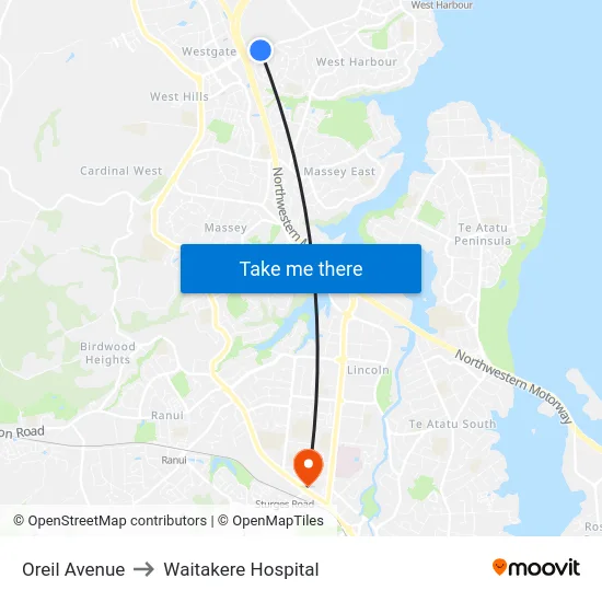 Oreil Avenue to Waitakere Hospital map