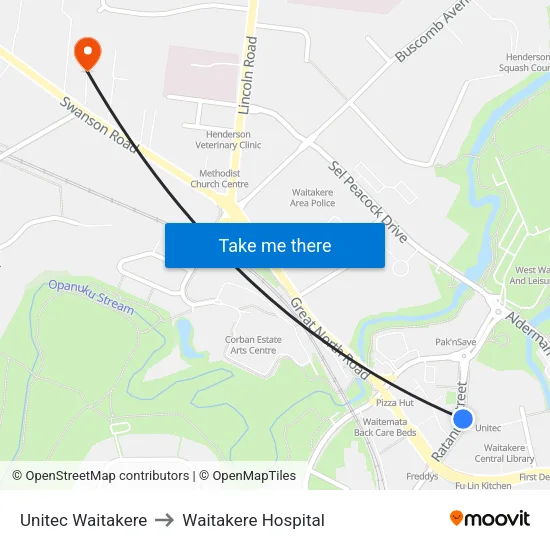 Unitec Waitakere to Waitakere Hospital map