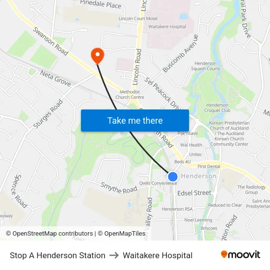 Stop A Henderson Station to Waitakere Hospital map