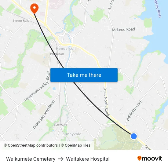 Waikumete Cemetery to Waitakere Hospital map