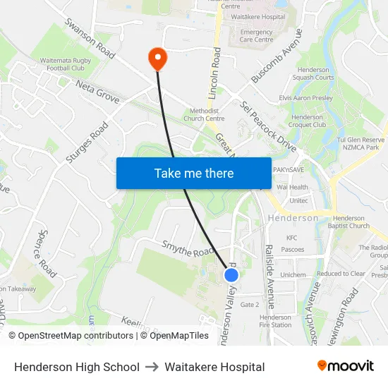 Henderson High School to Waitakere Hospital map