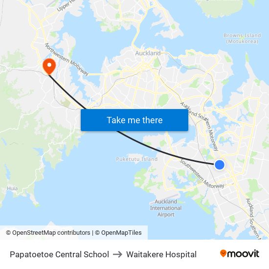 Papatoetoe Central School to Waitakere Hospital map