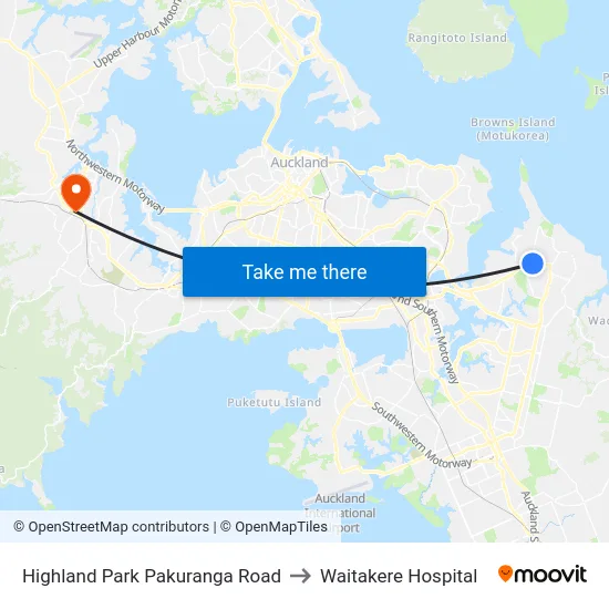 Highland Park Pakuranga Road to Waitakere Hospital map