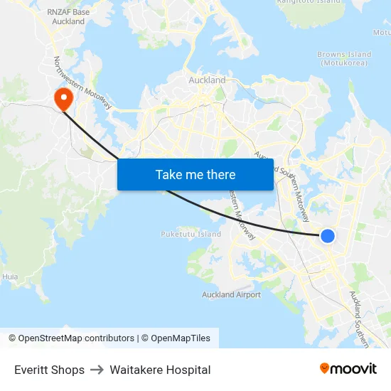 Everitt Shops to Waitakere Hospital map