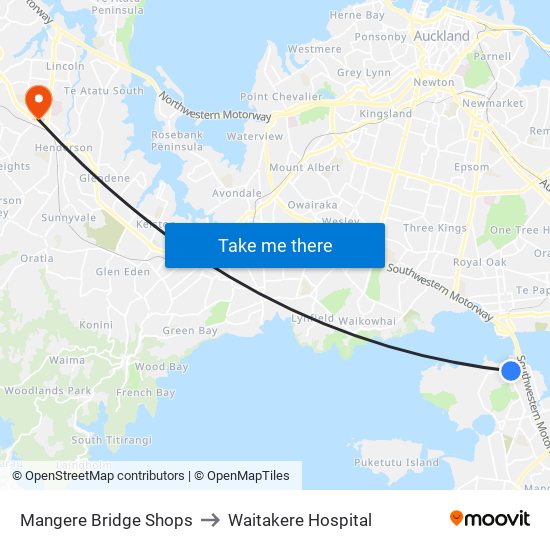 Mangere Bridge Shops to Waitakere Hospital map