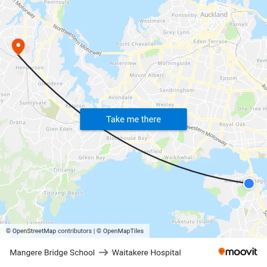 Mangere Bridge School to Waitakere Hospital map