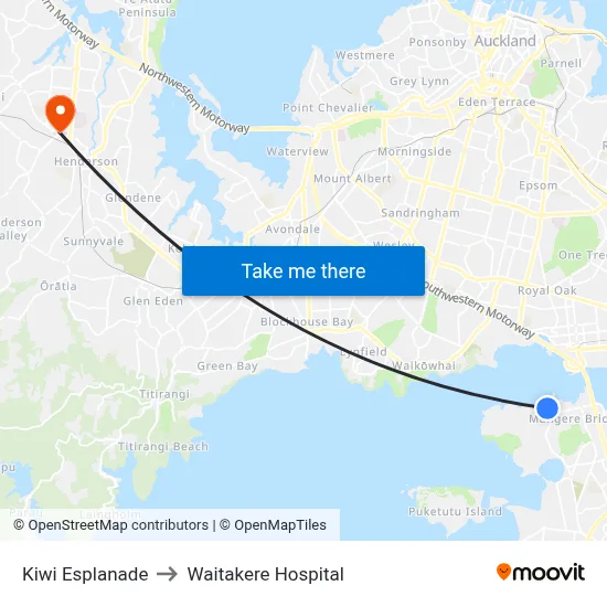 Kiwi Esplanade to Waitakere Hospital map
