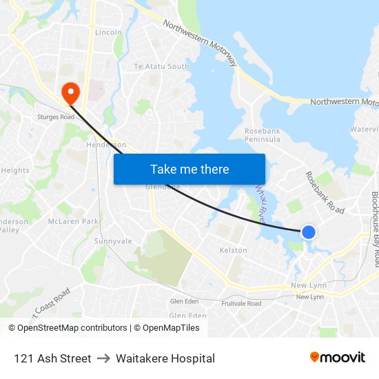 121 Ash Street to Waitakere Hospital map