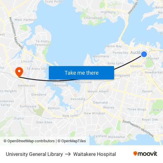 University General Library to Waitakere Hospital map