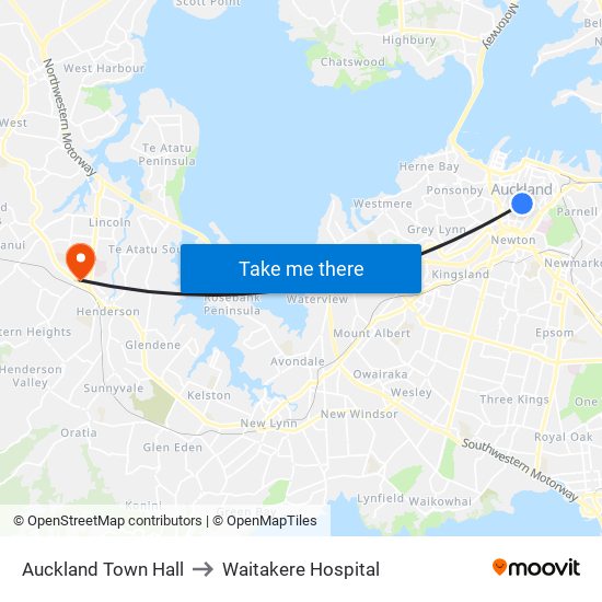 Auckland Town Hall to Waitakere Hospital map