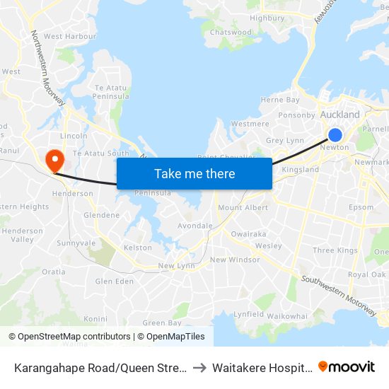 Karangahape Road/Queen Street to Waitakere Hospital map