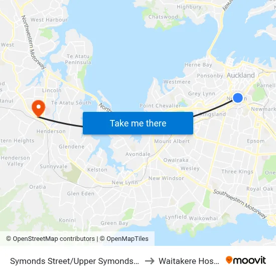Symonds Street/Upper Symonds Street to Waitakere Hospital map