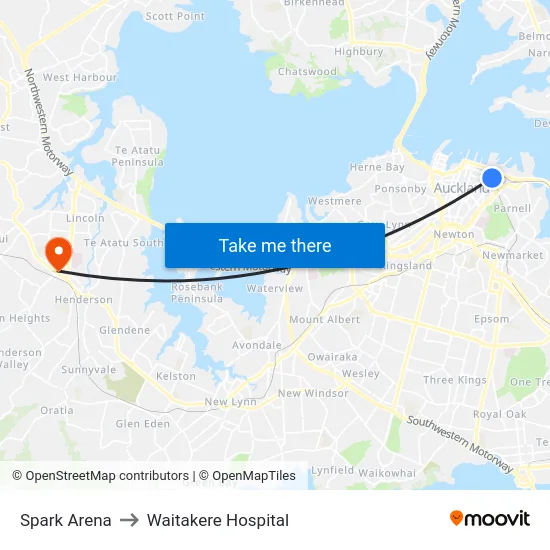 Spark Arena to Waitakere Hospital map