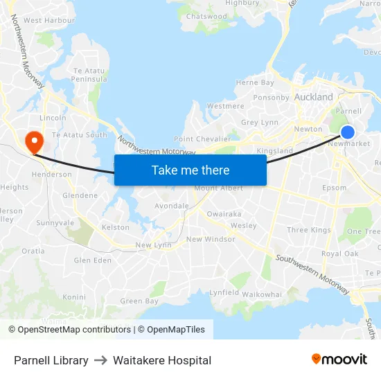 Parnell Library to Waitakere Hospital map