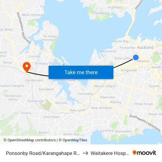 Ponsonby Road/Karangahape Road to Waitakere Hospital map
