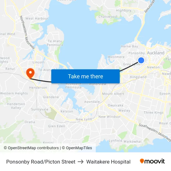 Ponsonby Road/Picton Street to Waitakere Hospital map