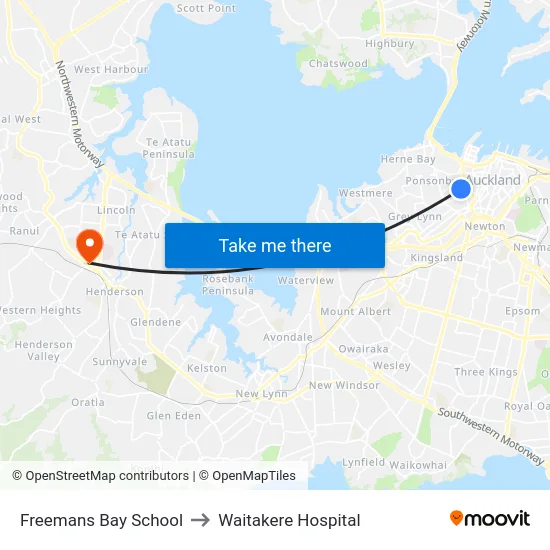 Freemans Bay School to Waitakere Hospital map
