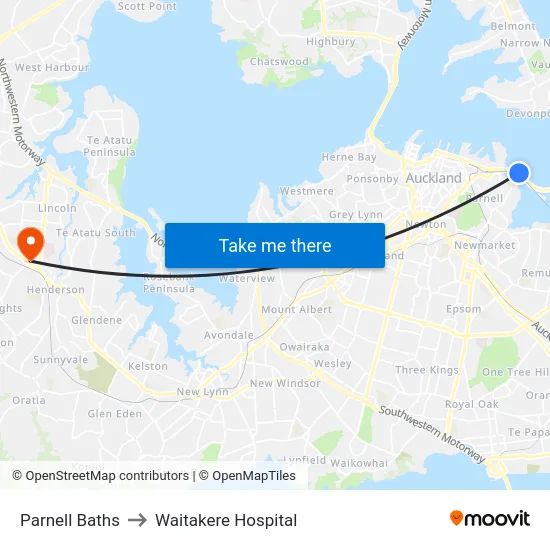 Parnell Baths to Waitakere Hospital map