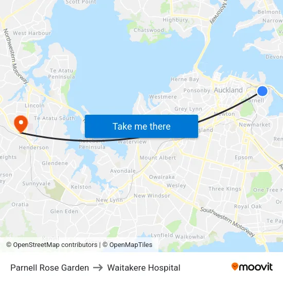 Parnell Rose Garden to Waitakere Hospital map