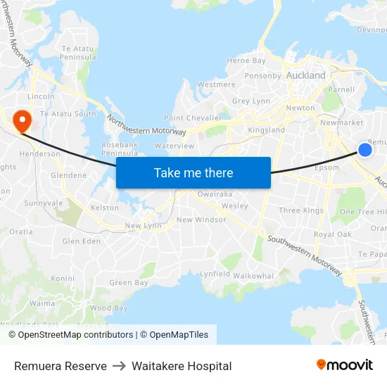 Remuera Reserve to Waitakere Hospital map