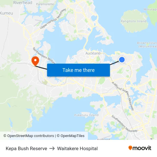 Kepa Bush Reserve to Waitakere Hospital map