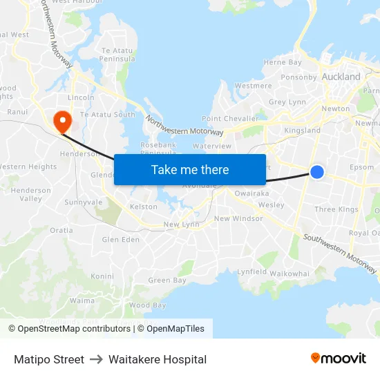 Matipo Street to Waitakere Hospital map