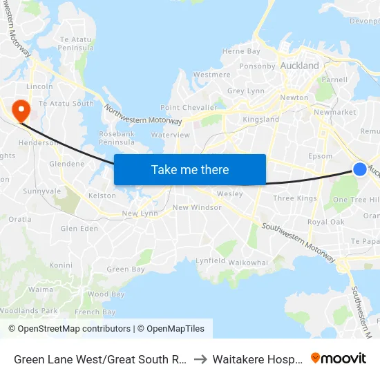 Green Lane West/Great South Road to Waitakere Hospital map
