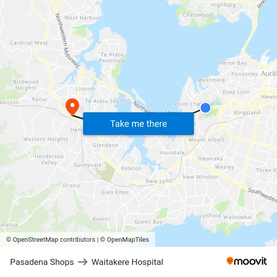 Pasadena Shops to Waitakere Hospital map