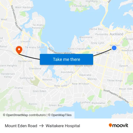 Mount Eden Road to Waitakere Hospital map