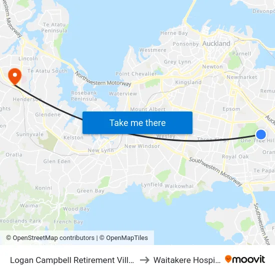Logan Campbell Retirement Village to Waitakere Hospital map