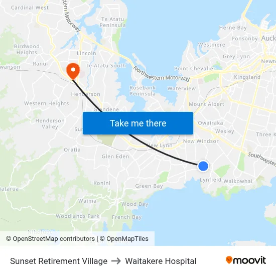 Sunset Retirement Village to Waitakere Hospital map