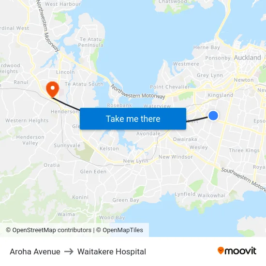 Aroha Avenue to Waitakere Hospital map