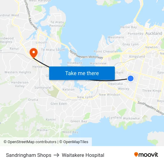 Sandringham Shops to Waitakere Hospital map
