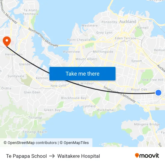 Te Papapa School to Waitakere Hospital map