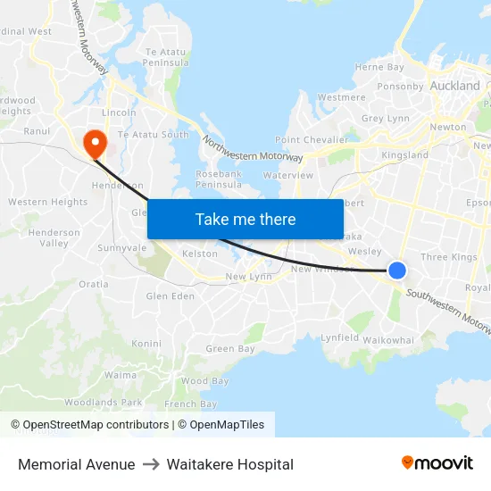 Memorial Avenue to Waitakere Hospital map