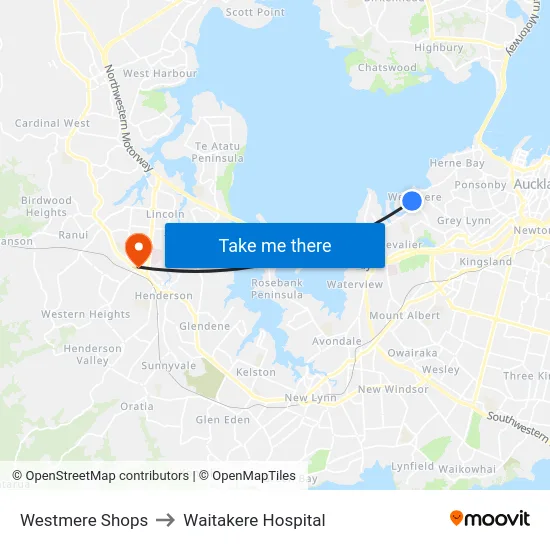 Westmere Shops to Waitakere Hospital map