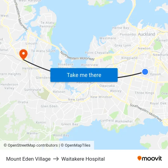 Mount Eden Village to Waitakere Hospital map