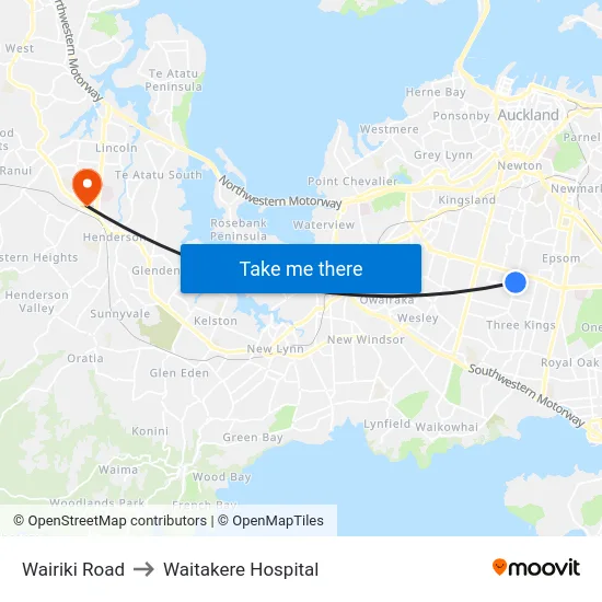 Wairiki Road to Waitakere Hospital map