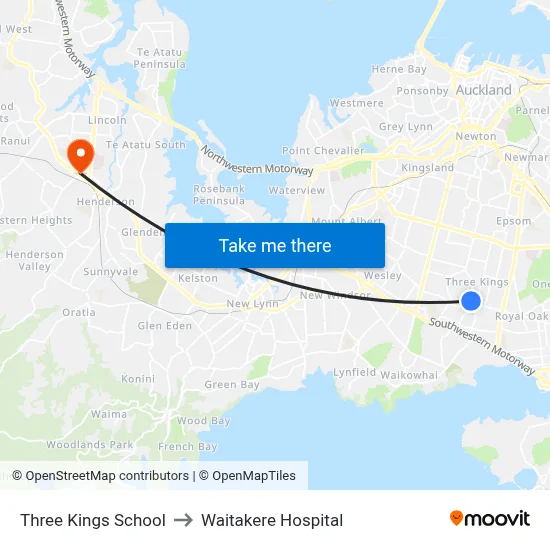 Three Kings School to Waitakere Hospital map